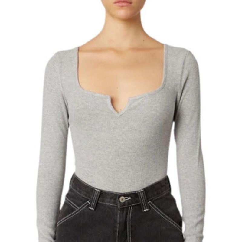 Notched Long Sleeve Tee – Heather Grey.