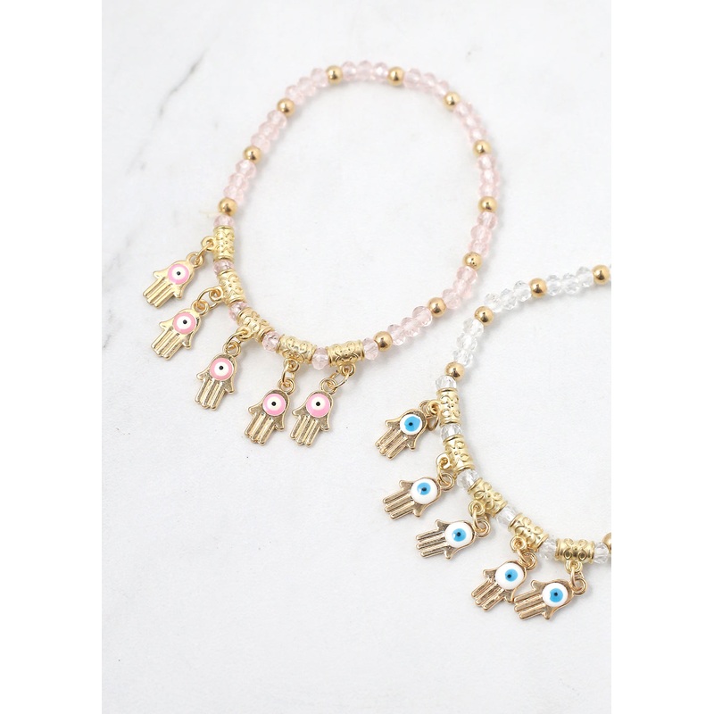 Hamsa Hands + Crystal Beads Bracelet Gold/Purple