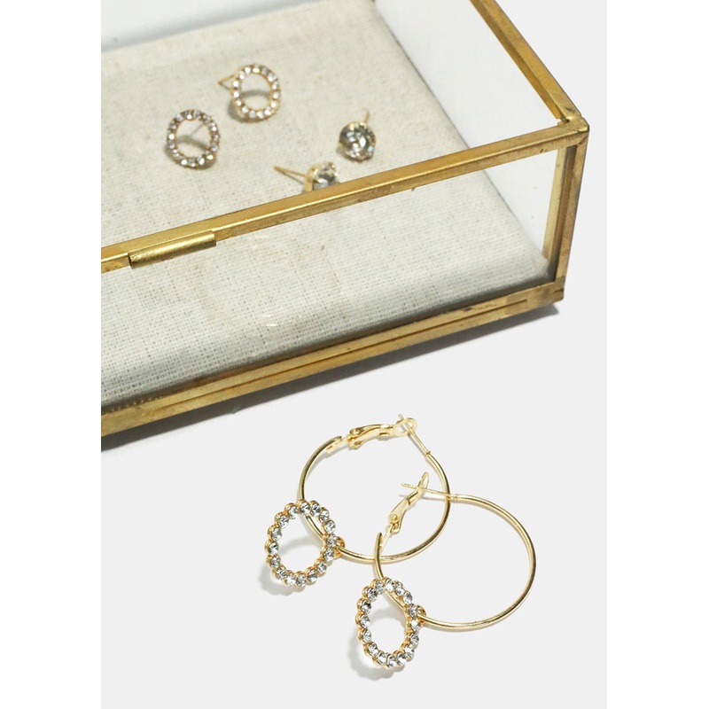 3-Pair Rhinestone Studded Hoop & Stud Earrings Gold