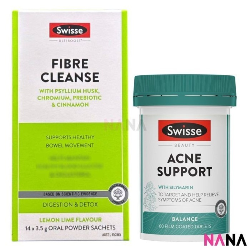 Swisse Ultiboost Fibre Cleanse Powder Sticks 14pcs + Beauty Acne Support 60 Tablets