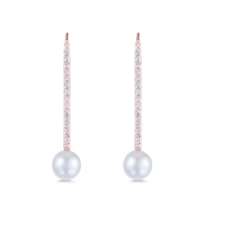 Diamond Pearl Stick Earrings Rose Gold