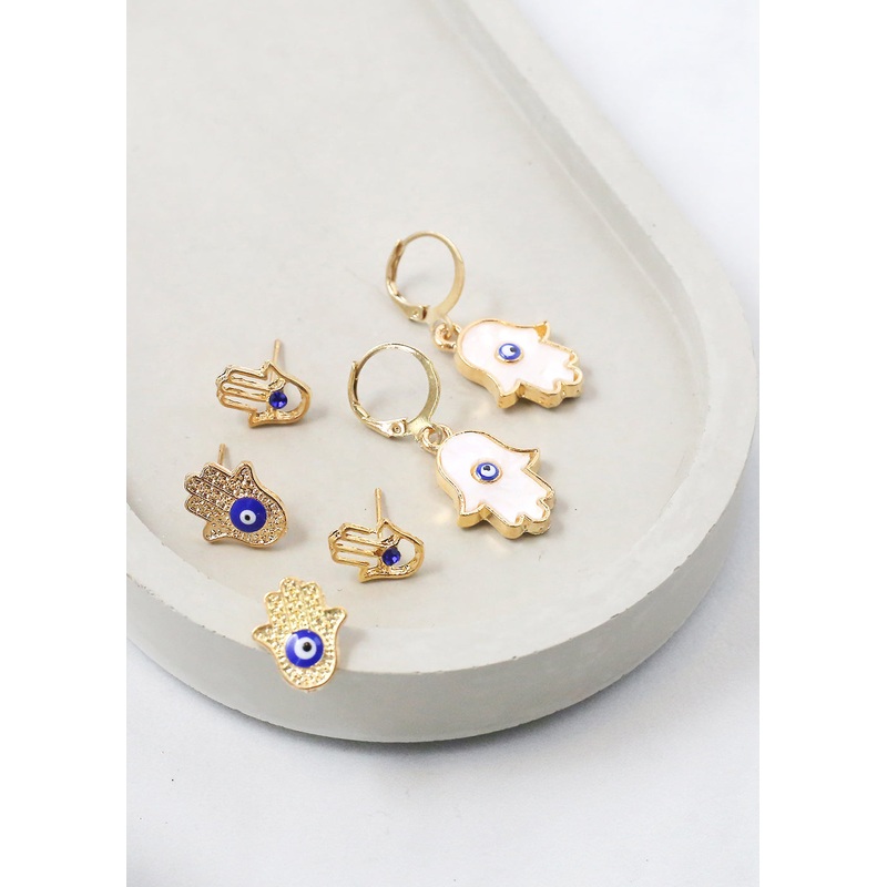 3 Pair Hamsa Hand + Evil Eye Earrings Gold/Blue