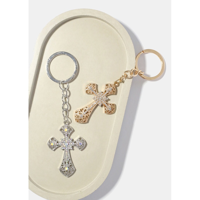 Rhinestone Cross Keychain Gold