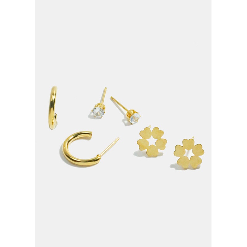 3-Pair Flower Stud & Hoop Earrings Gold
