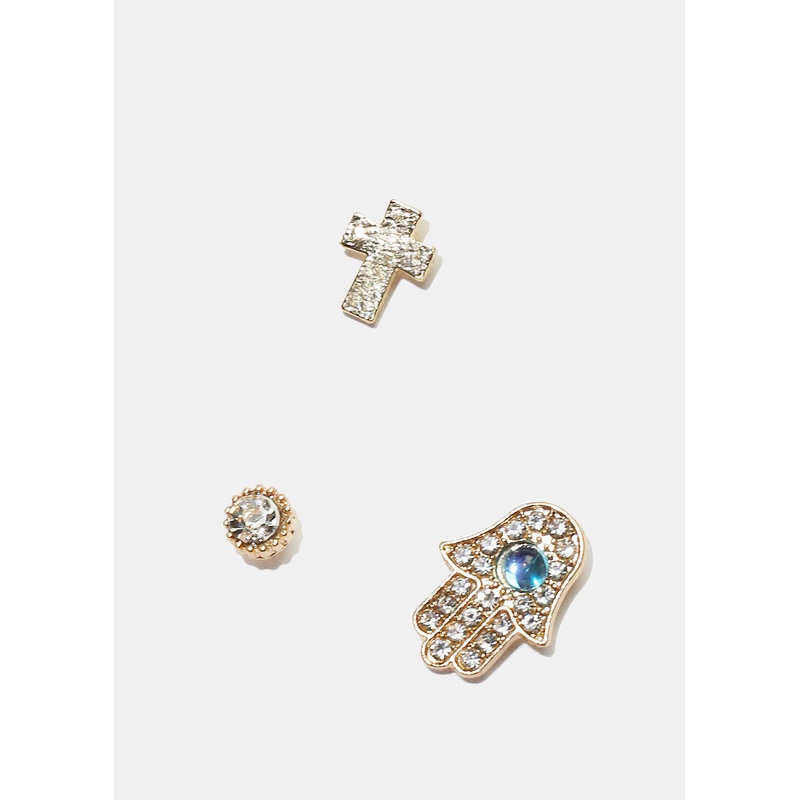 3-Pair Cross & Hamsa Hand Stud Earrings Blue