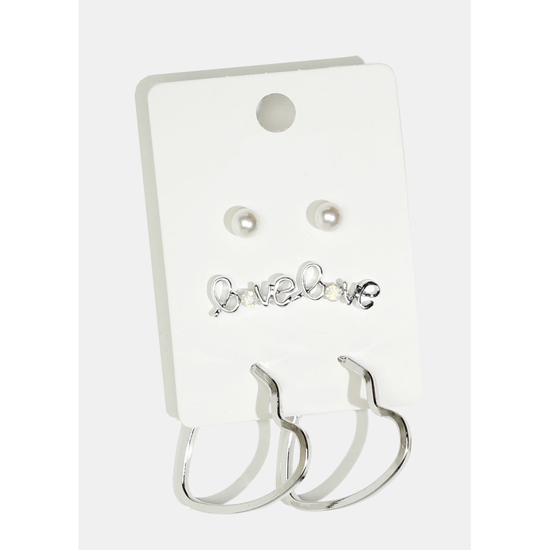 3-Pair “LOVE” & Heart Hoop Earrings Gold