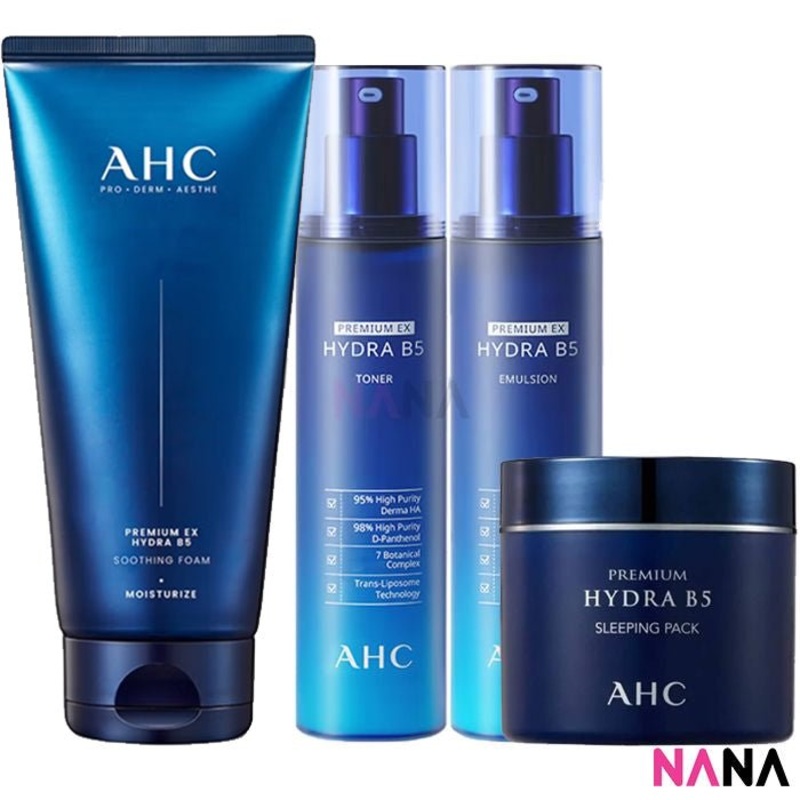 AHC Premium Hydra B5 Set: Toner + Lotion + Soothing Foam + Sleeping Pack [New Packaging]