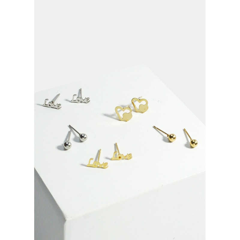 3-Pair “LOVE” & Heart Stud Earrings Gold
