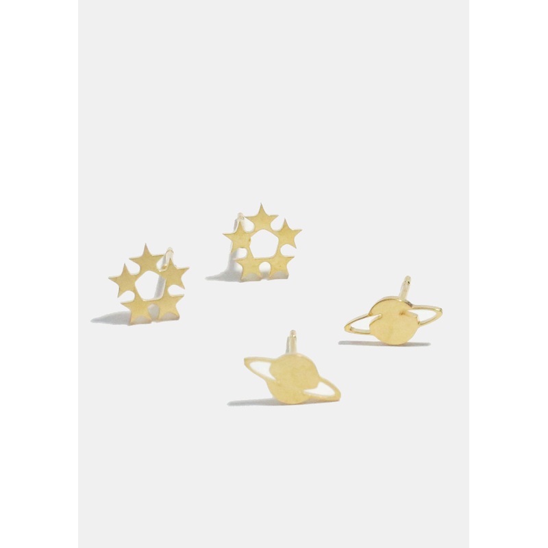2-Pair Star & Planet Stud Earrings Gold