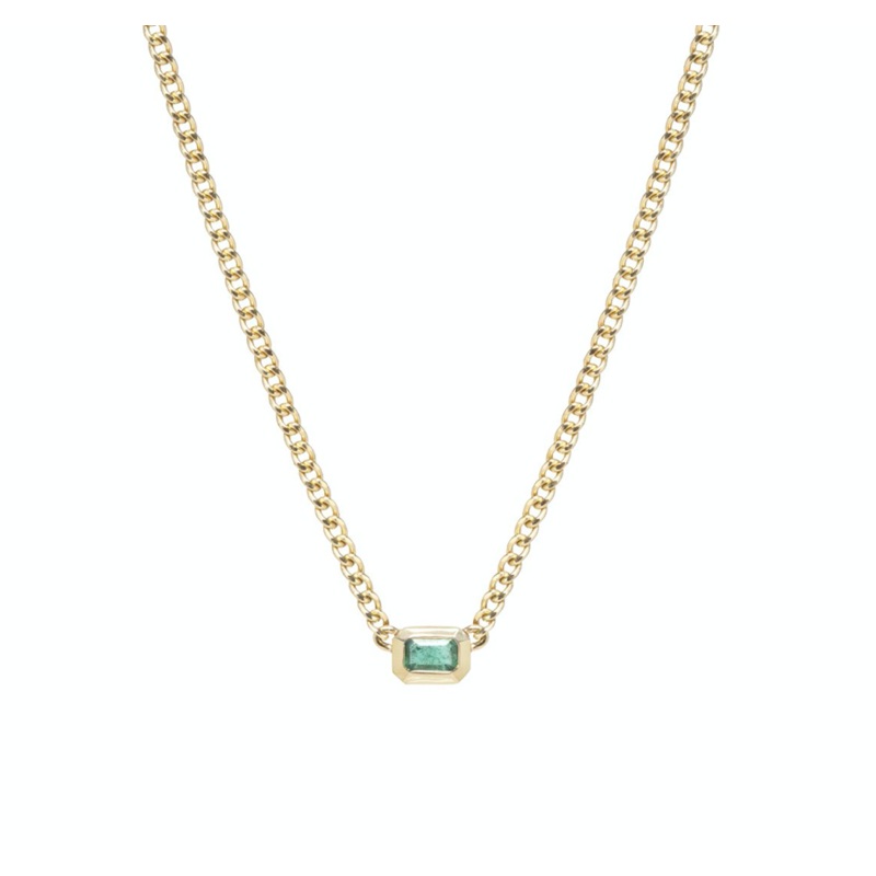 14K EXTRA SMALL CURB CHAIN EMERALD CUT EMERALD BEZEL NECKLACE