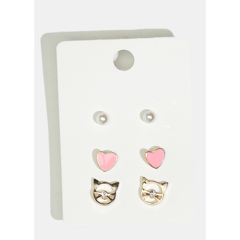 3-Pair Heart & Cat Stud Earrings