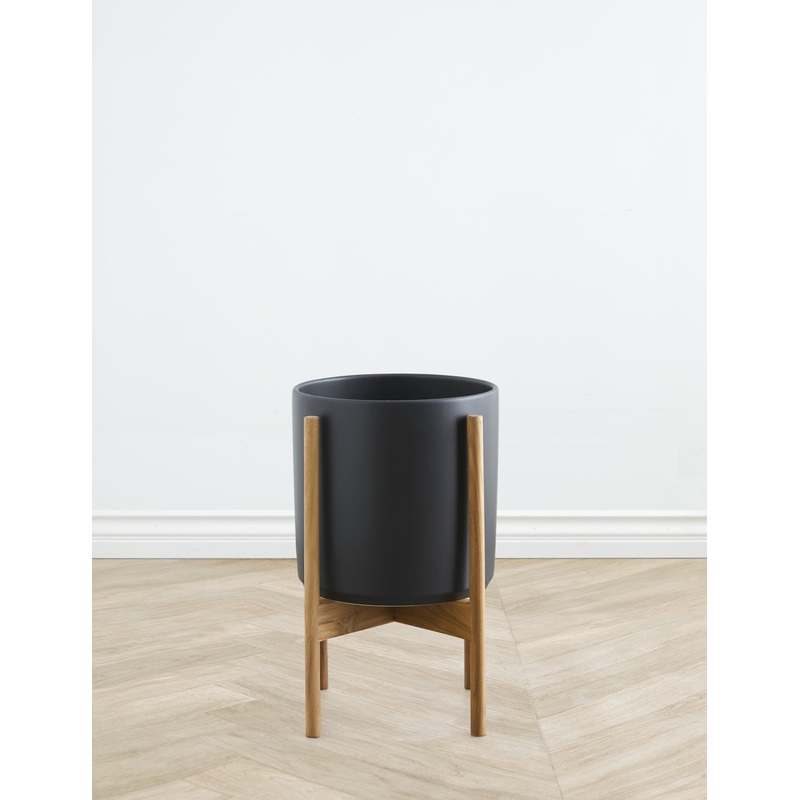 Ceramic Planter Pot + Teak Stand by LBE Design Black 10″ Diameter