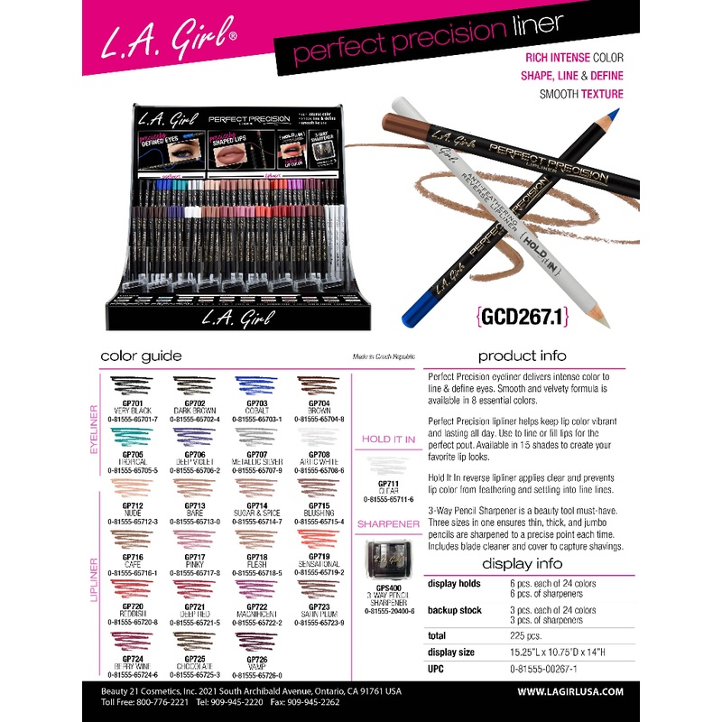 GCD267.1 – LA GIRL PERFECT PRECISION LINER SET (24COLORS, 9PCS/COLOR, 9PCS OF SHARPENER, 225PCS TOTAL) w/ ACRYLIC DISPLAY (1 PCS)