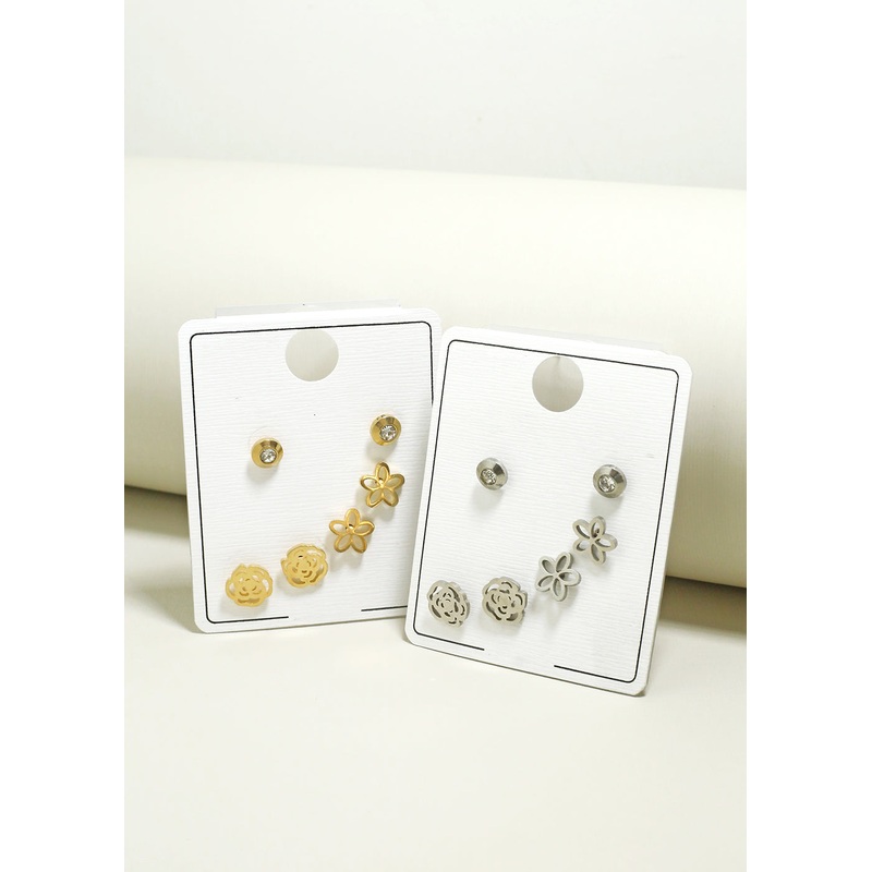 3-Pair Flower & Rose Stud Earrings Gold
