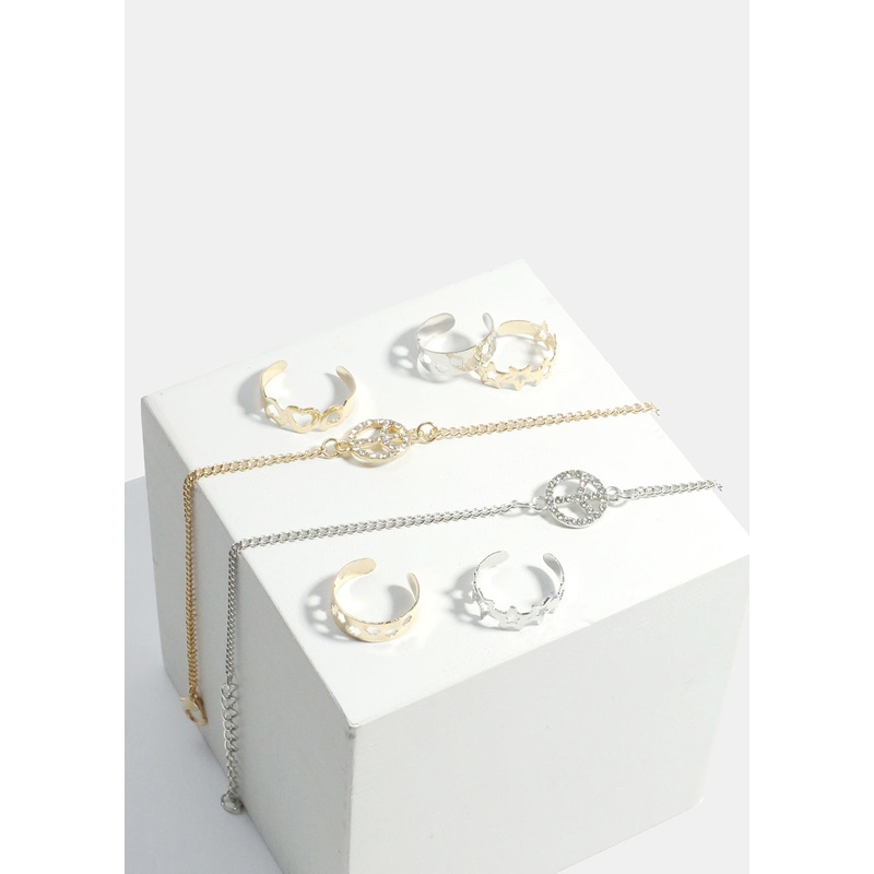 Sparkly Peace Sign Anklet & Toe Rings Set Gold