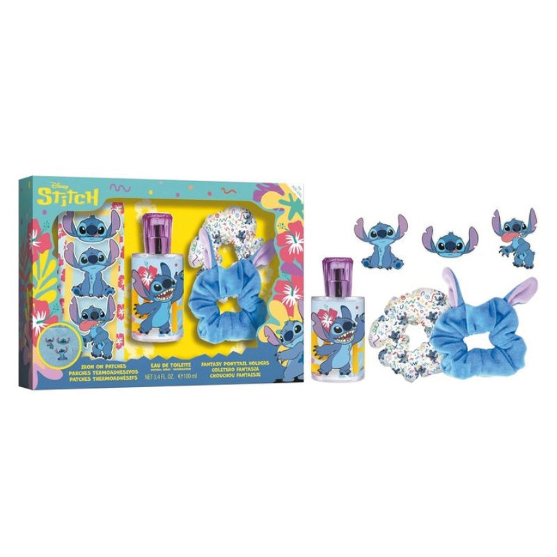 Disney Stitch Gift Set 100ml Eau De Toilette x2 Scrunchies x3 Iron On Patches (Blemished Box)