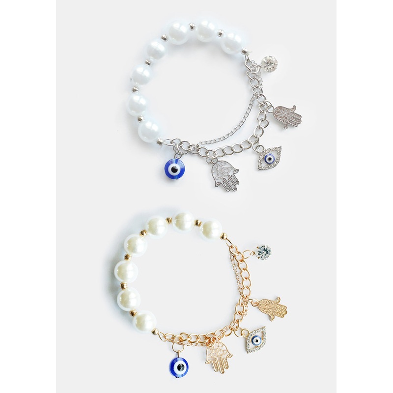 Hamsa Hand Charm Bracelet with Pearls Gold