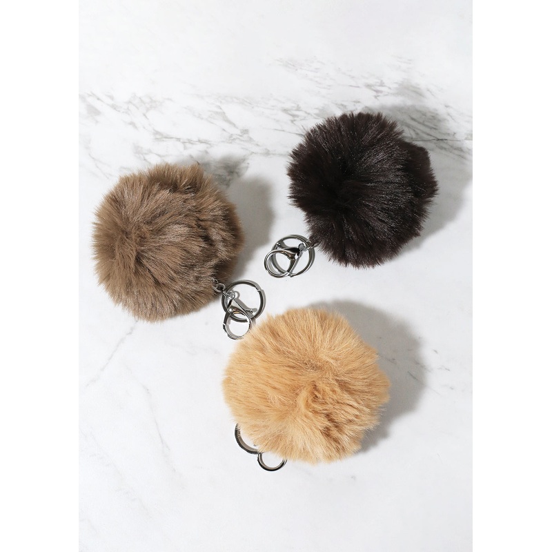 Neutral Faux Fur Pom Pom Keychain Brown