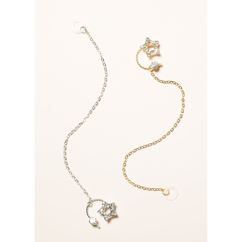Gemstone Studded Heart Cuff Earring with Earphone Chain Holder Gold
