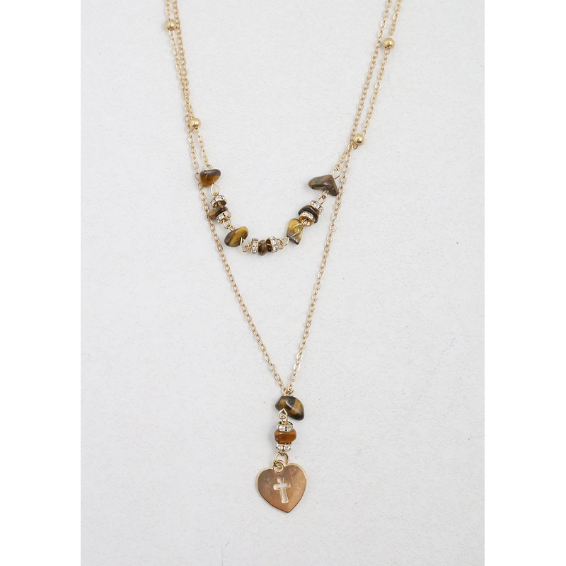 2 Layered Beaded Necklace with Heart & Cross Pendant Pink