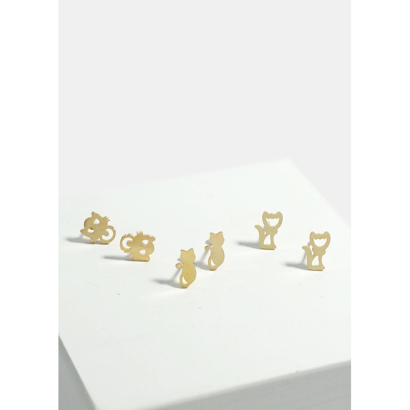 3-Pair Cats Stud Earrings Set Gold