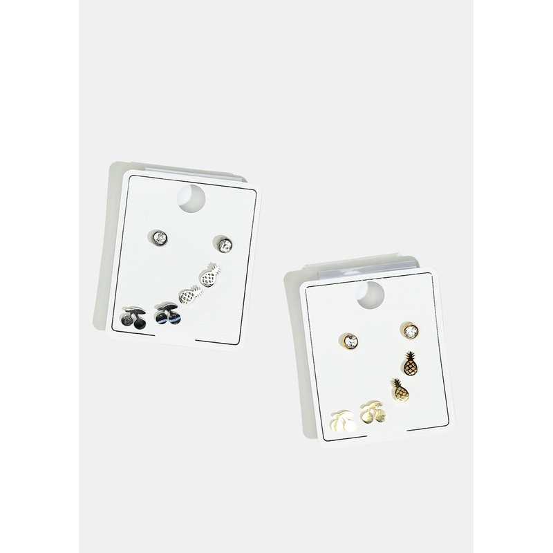 3-Pair Rhinestone & Fruit Stud Earrings Gold