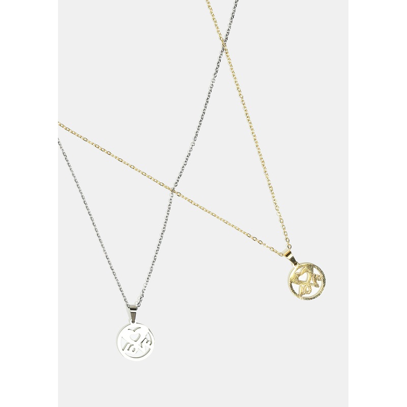 Heart & “LOVE” in Circle Necklace with Stud Earrings Gold