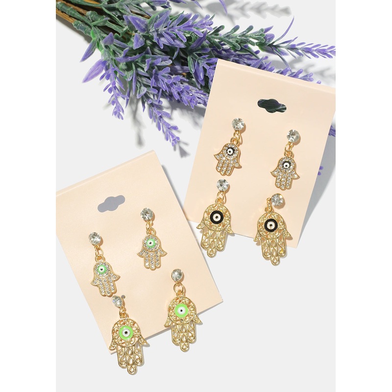2 Pair Dangle Hamsa Hand Earrings Black