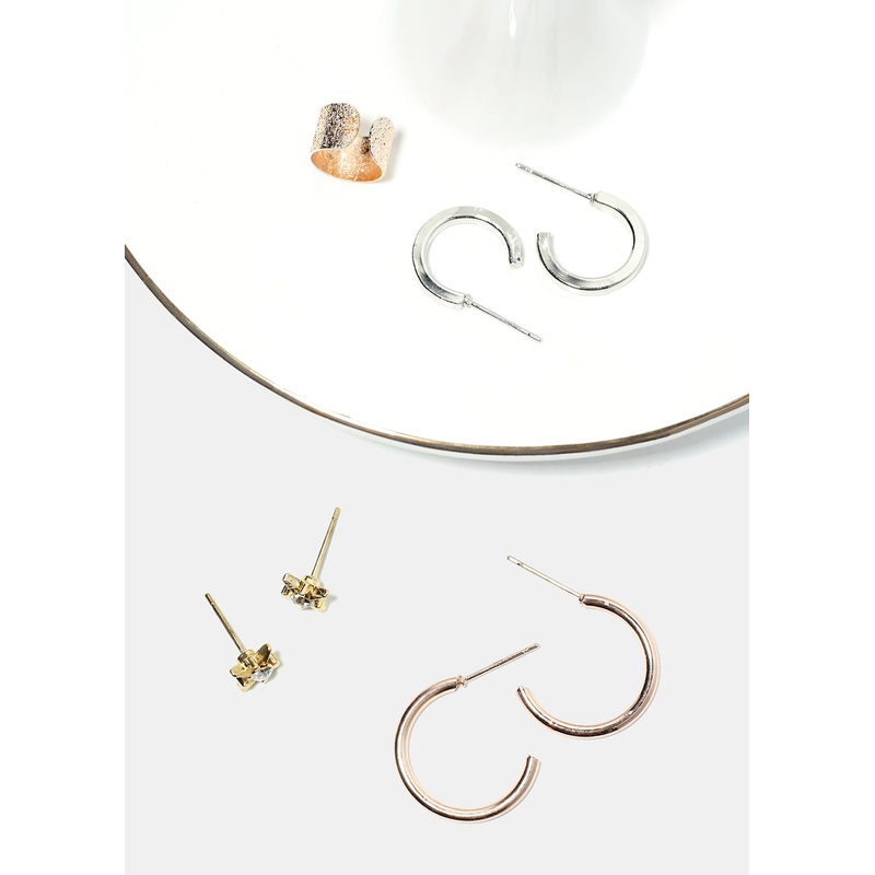 3 Pair Stud, Hoop & Cuff Earrings Gold