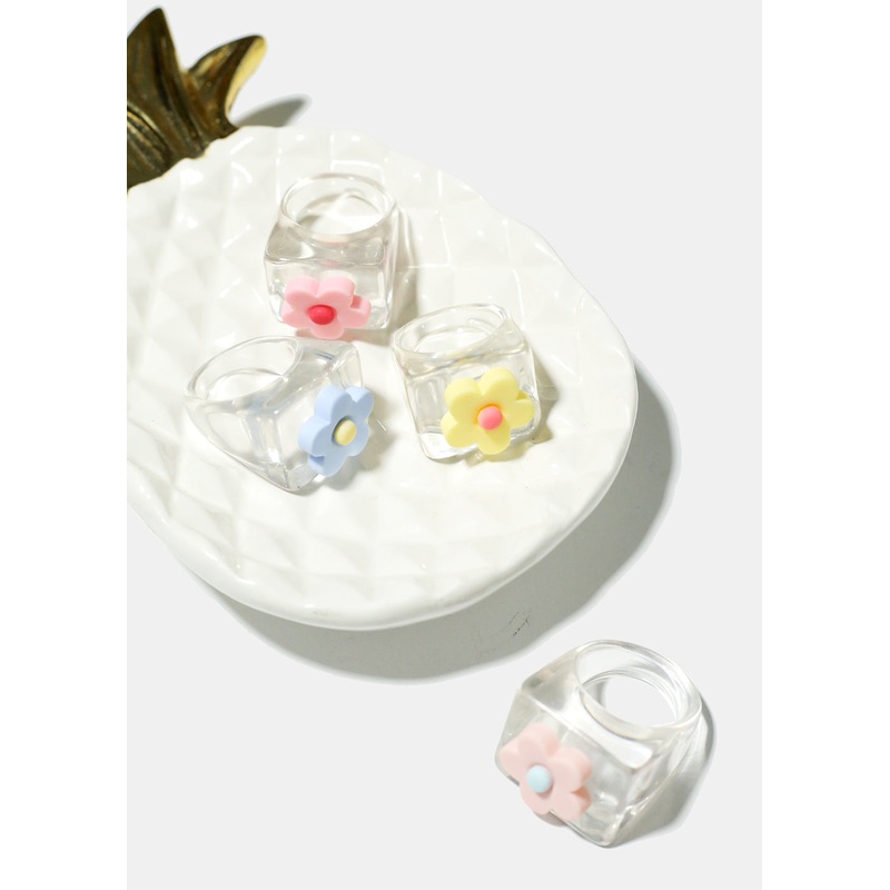 Clear with Flower Squared Ring Pink