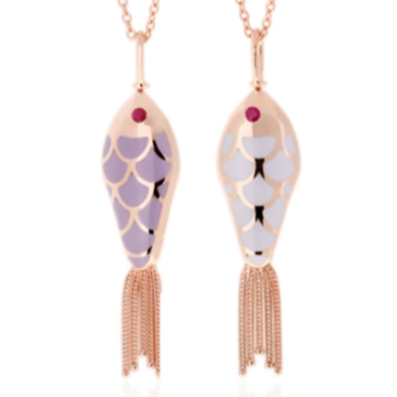 SELIM MOUZANNAR FISH FOR LOVE PENDANT NECKLACE IN PINK GOLD WITH LILAC & IVORY ENAMEL SET WITH RUBIES Lilac and Ivory