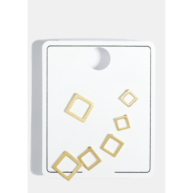 3-Pair Studs Earrings Gold/Square