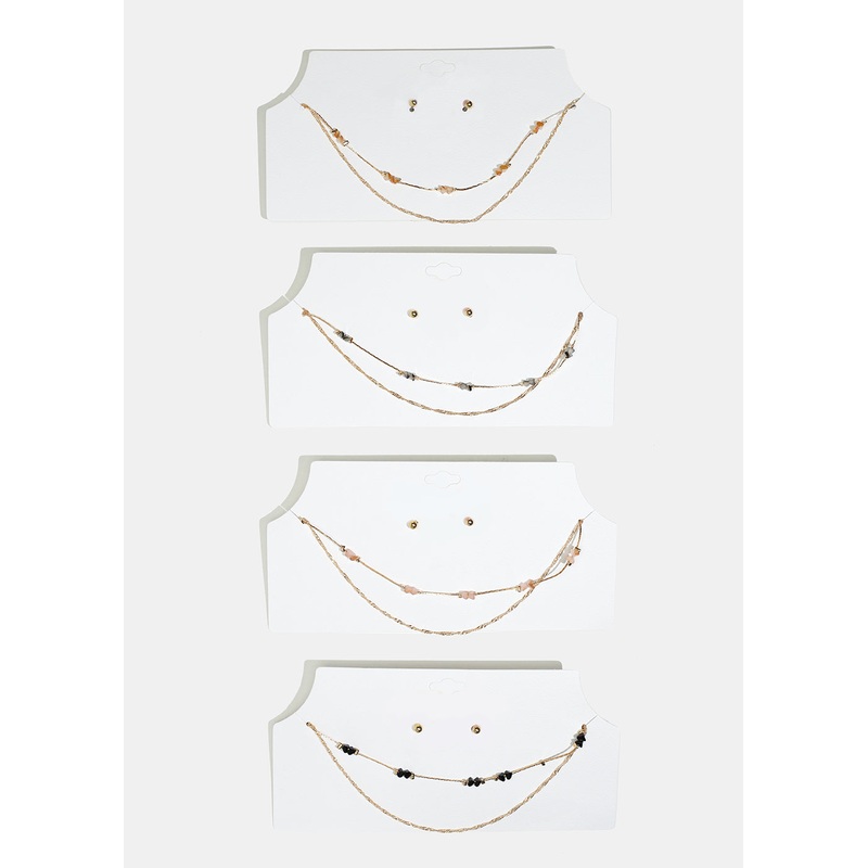 Marble Stone Necklace with Ball Stud Earrings Gold Grey