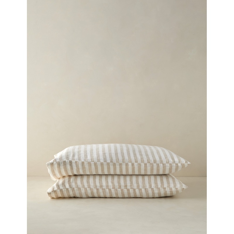 Thayer Striped European Flax Linen Pillowcases (Set of 2) Natural and Ivory Standard