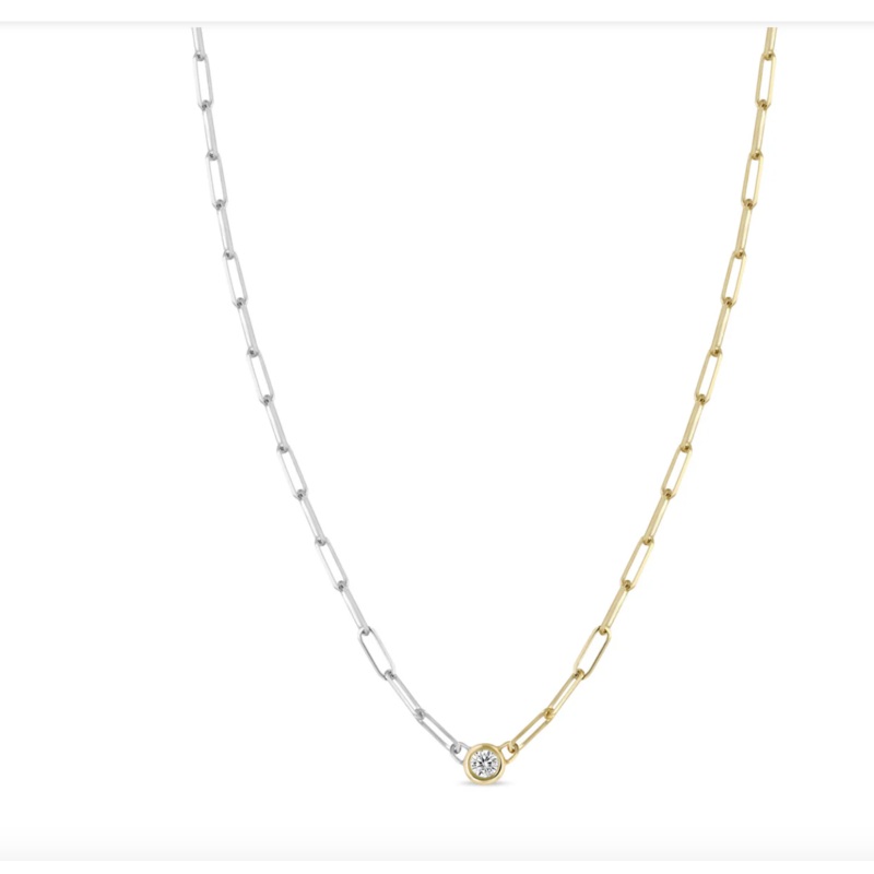 14K FLOATING DIAMOND TWO TONE GOLD SMALL PAPERCLIP CHAIN NECKLACE