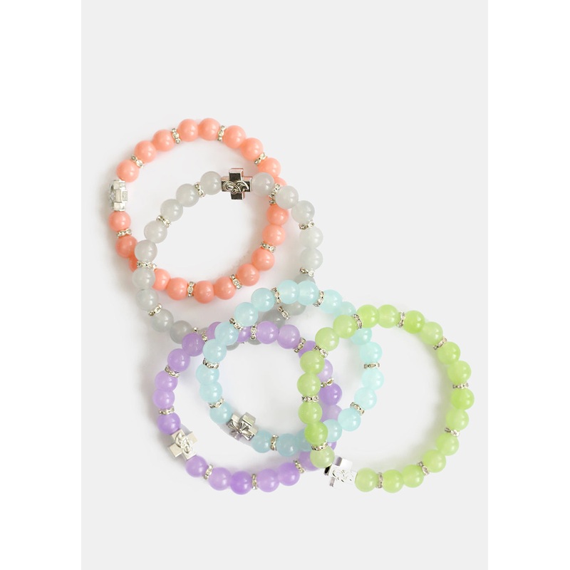 Bead & Rhinestone Bracelet with Cross Green