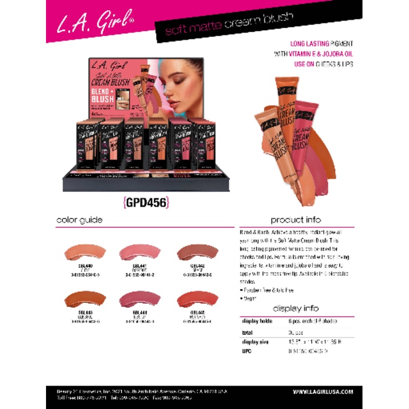 GPD456 – LA GIRL SOFT MATTE CREAM BLUSH (6COLOR, 6PCS/COLOR, 36PCS TOTAL) w/ DISPLAY (1 PCS)