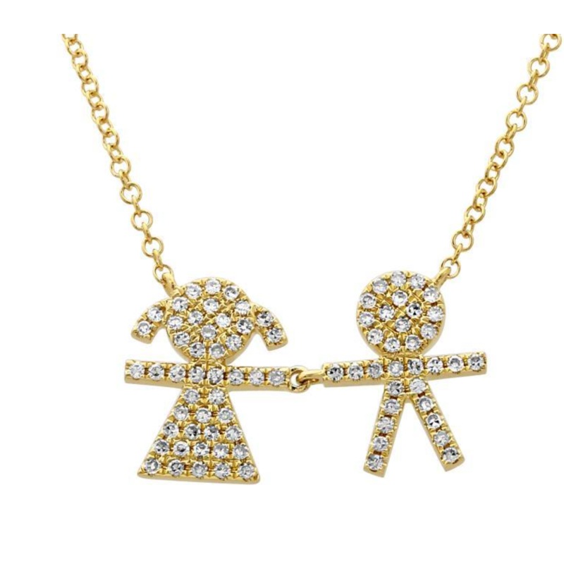 Girl Boy Pave Diamond  Necklace Yellow Gold