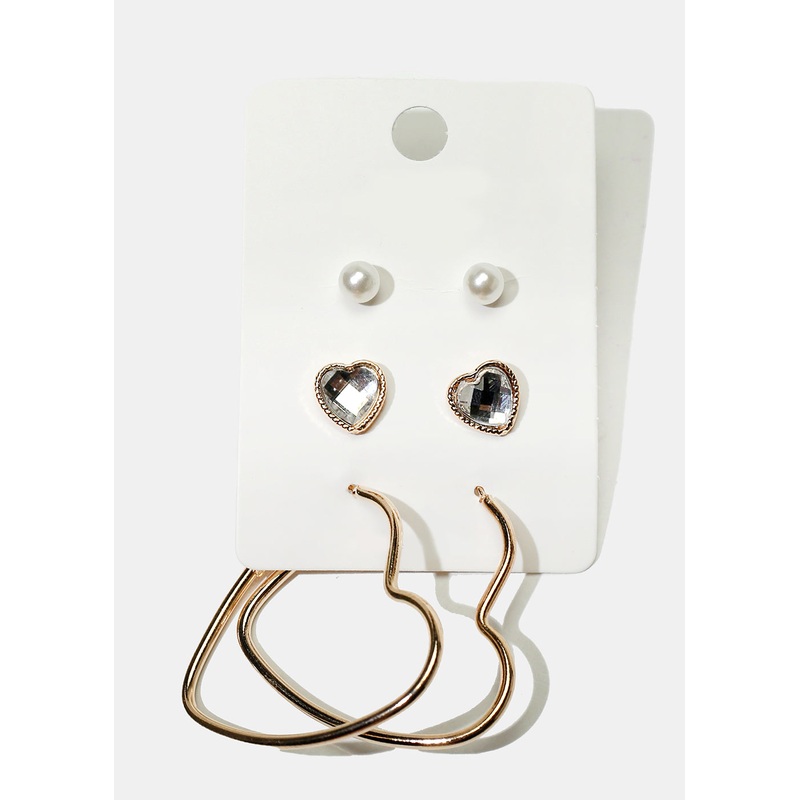 3-Pair Heart Earrings Gold Red