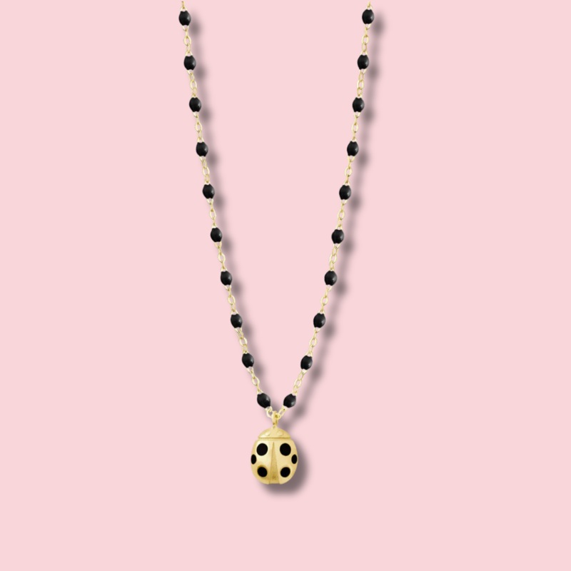Ladybug Black Necklace, Yellow Gold, 16.5″