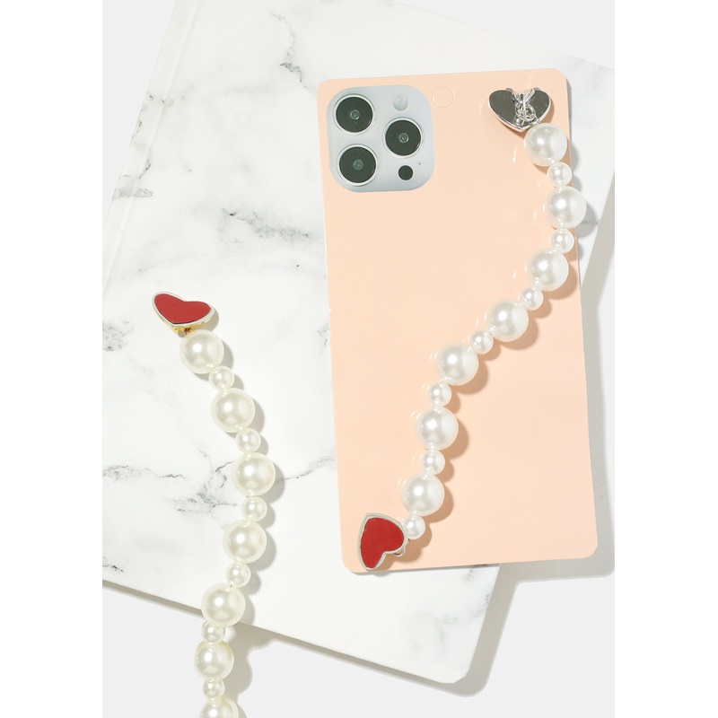 Pearl Heart Phone Strap Gold