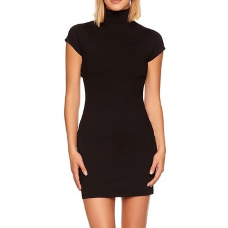 Mock Neck Open Back Mini Dress – Black.