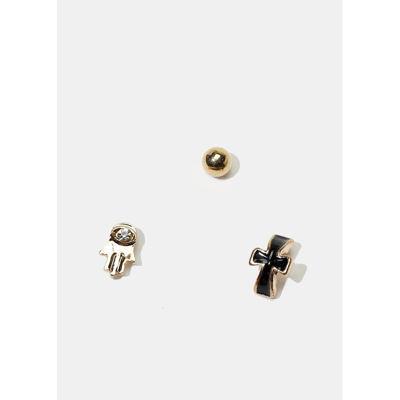 3-Pair Hamsa Hand & Cross Earrings Black