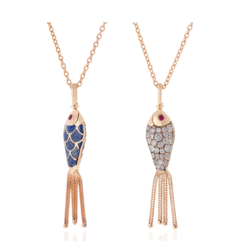 FISH FOR LOVE PENDANT WITH NAVY BLUE ENAMEL SET WITH ICY GREY DIAMONDS & RUBIES