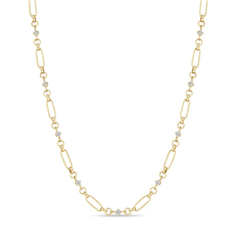 14K LINKED PRONG DIAMOND & MEDIUM PAPERCLIP ROLO CHAIN NECKLACE