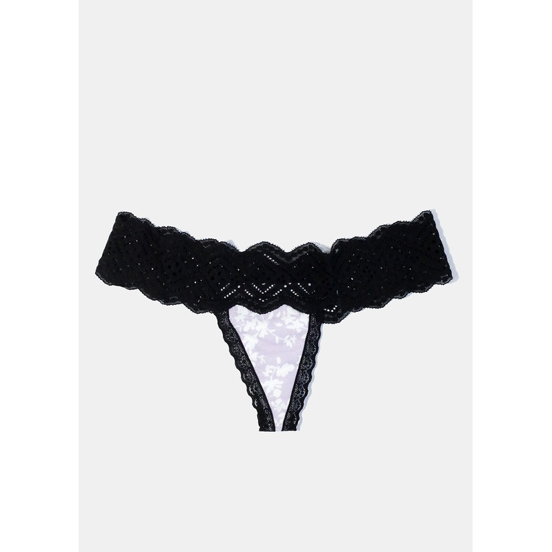 Lilac Black Lace Trim Thong Small