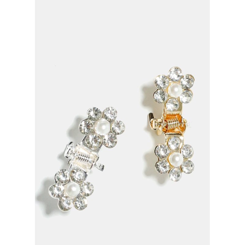 Rhinestone Pearl and Flower Mini Hair Clip Gold